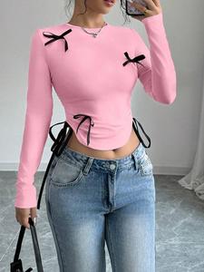 Women's Plain Bow Decor Crop Tee, Casual Classy Long Sleeve T-shirt for Daily Wear, Ladies Clothes for All Seasons