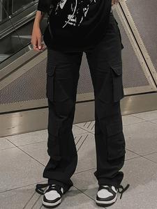 Women's Plain Drawstring High Waist Cargo Pants, Y2K Kpop Style Streetwear Pocket Design Trousers For Daily Wear, Ladies Fall & Winter Bottoms, Baggy Pants