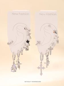 Rhinestone Decorated Earrings Set, Fashionable Star & Cross Design Earrings for Women & Men, Trendy All-match & Exquisite Jewelry for Birthday Gift