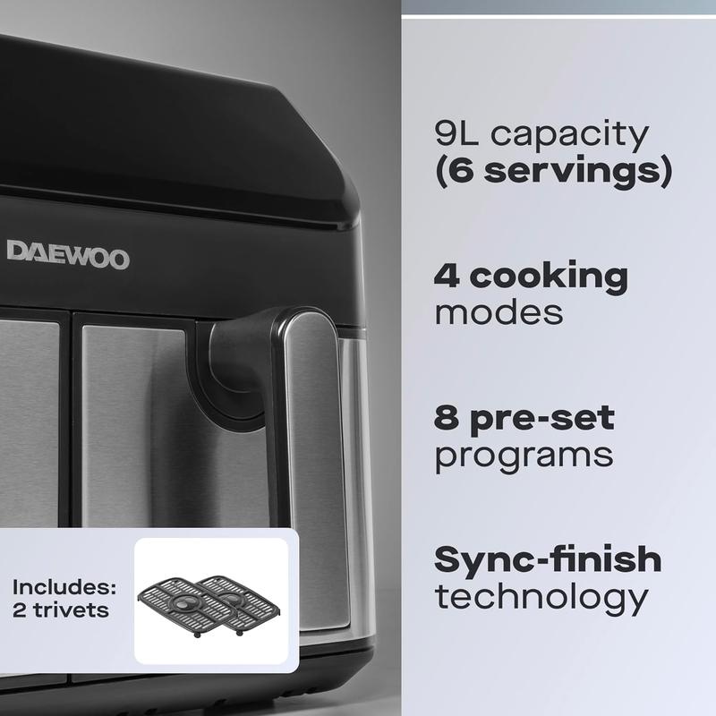 Daewoo Digital Air Fryer, Double 4.5 Litre Draws With Sync Function To Match Draw Times, Use Less Oil For Healthier Baking, Roasting, Grilling With 60 Minute Timer, Family Sized, 9 Litres 1