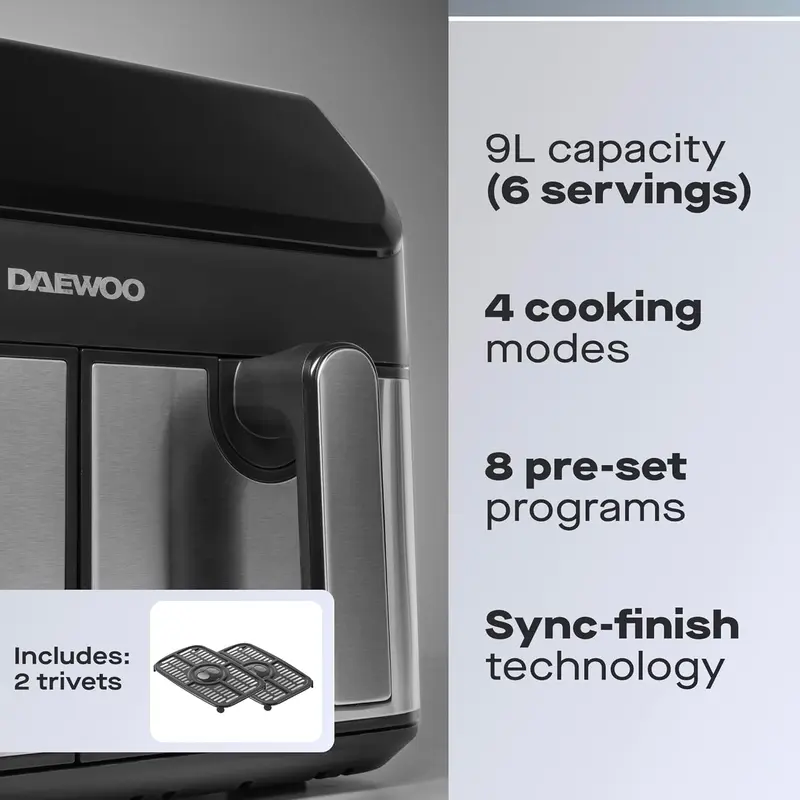 Daewoo Digital Air Fryer, Double 4.5 Litre Draws With Sync Function To Match Draw Times, Use Less Oil For Healthier Baking, Roasting, Grilling With 60 Minute Timer, Family Sized, 9 Litres 1