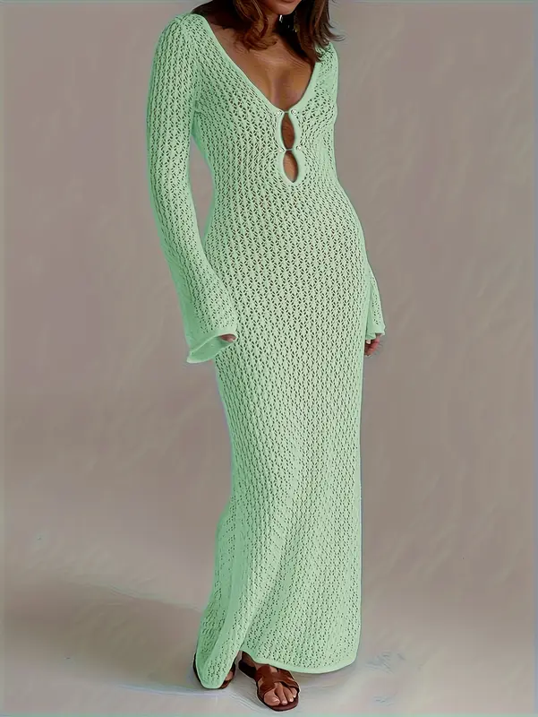Summer new Women's solid color crochet long beach swimming holiday smock long sleeve sexy dress Casual Womenswear 3