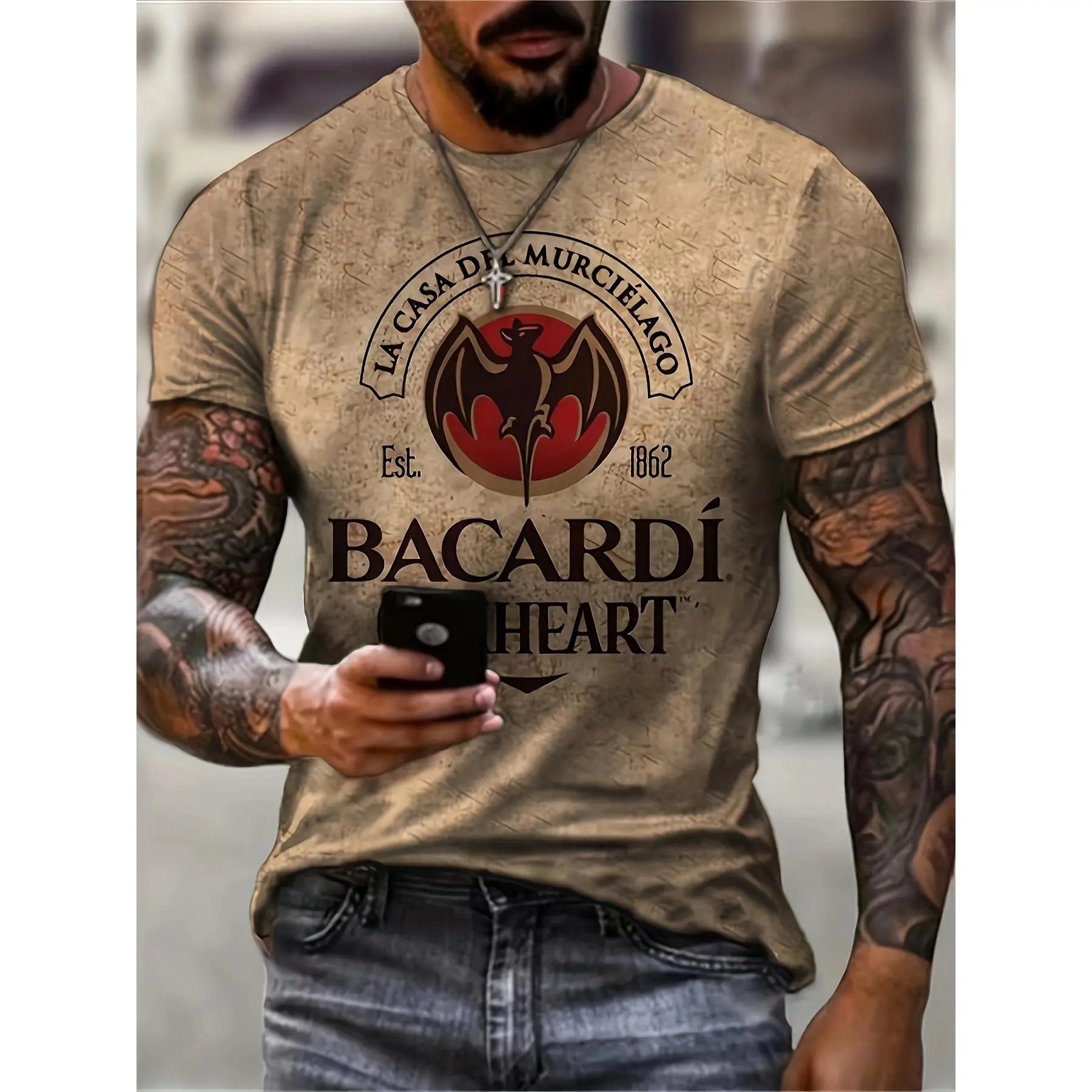 Men's Bat Graphic T-shirt, Comfy 3D Print Slightly Stretch Crew Neck Short Sleeves Tee Top For Summer Outdoor, Men's Clothing, Fathers Day Gifts 2023 For Halloween