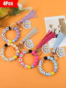 4-Piece Set Colorful Beaded Fringe Keychains with Silicone Letter Teach Design, Women's Bag Charm Car Keychain Gift for Teachers, Perfect Teacher Appreciation Day Present