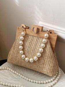 Women's Elegant Faux Pearl Decorated Straw Handbag, Fashionable Handbag, Casual Trendy Versatile High-quality Daily Commuting Bag