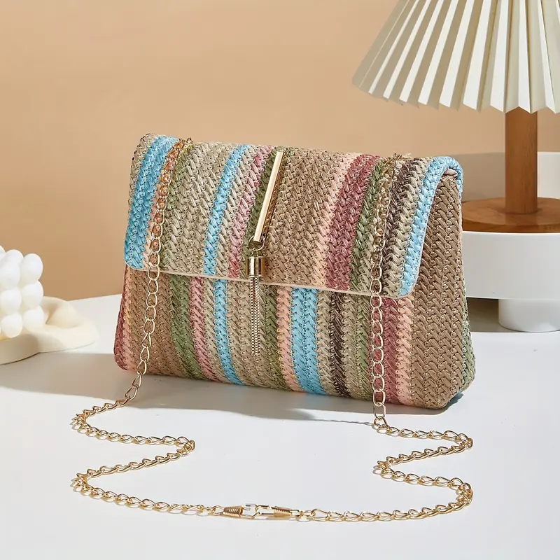 Chic and Elegant Rainbow Stripe Straw Crossbody Bag for Women - Adjustable Shoulder Strap, Magnetic Closure, Tassel Accent, Fashionable Square Purse 0