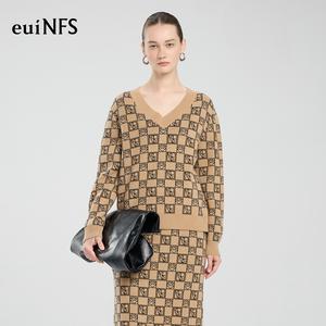 【euiNFS】Women’s V-Neck Jacquard Knit Sweater | Signature Check Pattern | Relaxed Fit Long Sleeve Pullover | Elegant Autumn Winter Top【E733227】