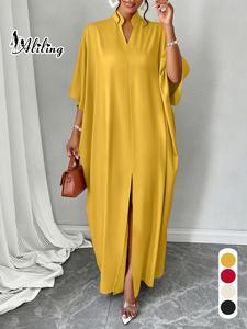 Aliling Women's Elegant Long Sleeve V Neck Dress, Oversized Split Design, Woven Fabric, All Seasons Fashion, Simple and Stylish Style