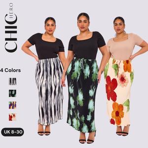 2025 Chichero New Floral Colours Printed Elasticated Waist Pleated Maxi Skirt Womenswear Boho Bottom Casual Elegance Polyester Straight Style bias  cut  dress black  friday  sale
