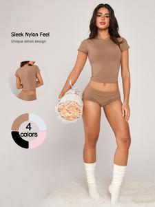 Women's Solid Ribbed Crop Tee & Skinny Shorts Loungewear, Casual Comfy Round Neck Short Sleeve T-Shirt & Shorts PJ Set, Ladies Sleepwear for Summer, Pajamas