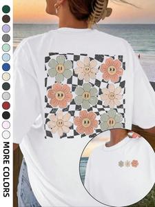 Women's Floral Print Drop Shoulder Crewneck Tee, Casual Short Sleeve Round Neck T-shirt for Summer, Ladies Knit Clothes, Graphic Tees, T Shirts for Women, Summer Tops, Back To School Clothes, Tops for Women, Womenswear