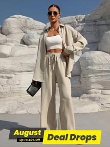 Women's Solid Button Front Shirt & Tie Front Wide Leg Pants Two-piece Set, Casual Minimalist Drop Shoulder Long Sleeve Top & High Waist Trousers 2 Piece Set for Spring & Fall, Women's Clothes for Daily Wear, Casual Matching Set