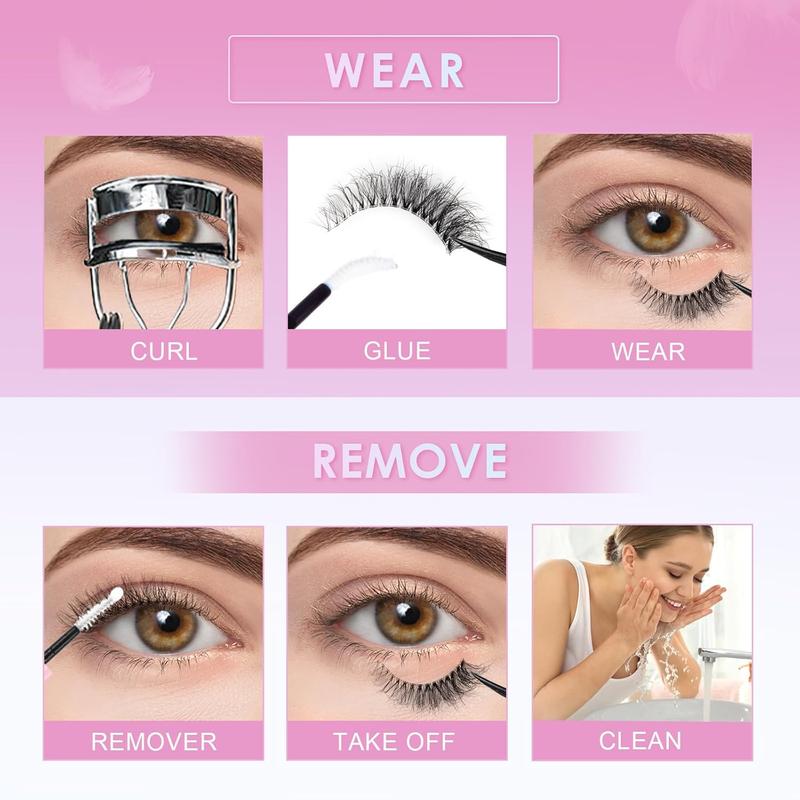 Clear Band Fluffy Lashes Kit with False Eyelashes Glue Bond and Remover Wispy Cat Eye Lashes 7 Pairs Fake Eyelashes Natural Look 3D Strip Lash Extensions Reusable Faux Mink Lashes 4