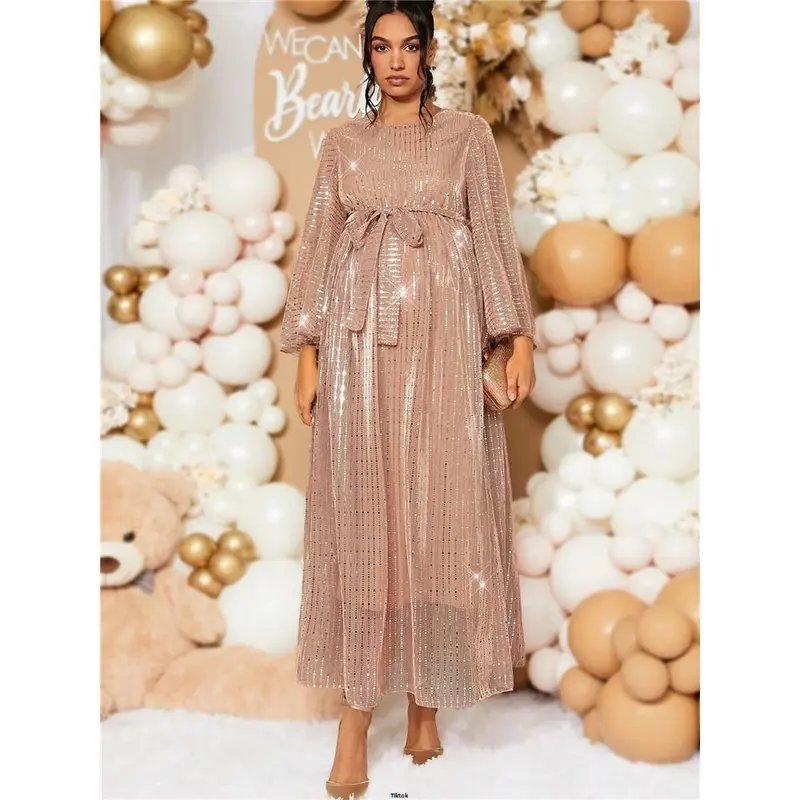 Festival Music Maternity Autumn Long Sequin Elegant Gender Loomaby Reveal Dress Pregnant Women Loose Sleeve Baby Shower For 0