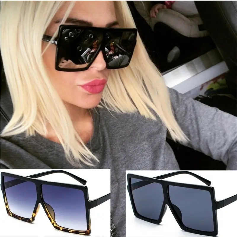 Black Square Flat Top Large Fashion Sunglasses Women Shades Big Oversized 2
