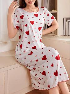 Women's Heart Print Dress, Regular Fit Cute Casual Comfy Short Sleeve Nightdress for Daily Home Wear, Ladies Sleepwear for All Seasons