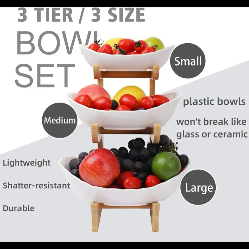 3 Tier Fruit Storage Basket Wooden Bowl Holder Utility Rack & Dining Stand 2