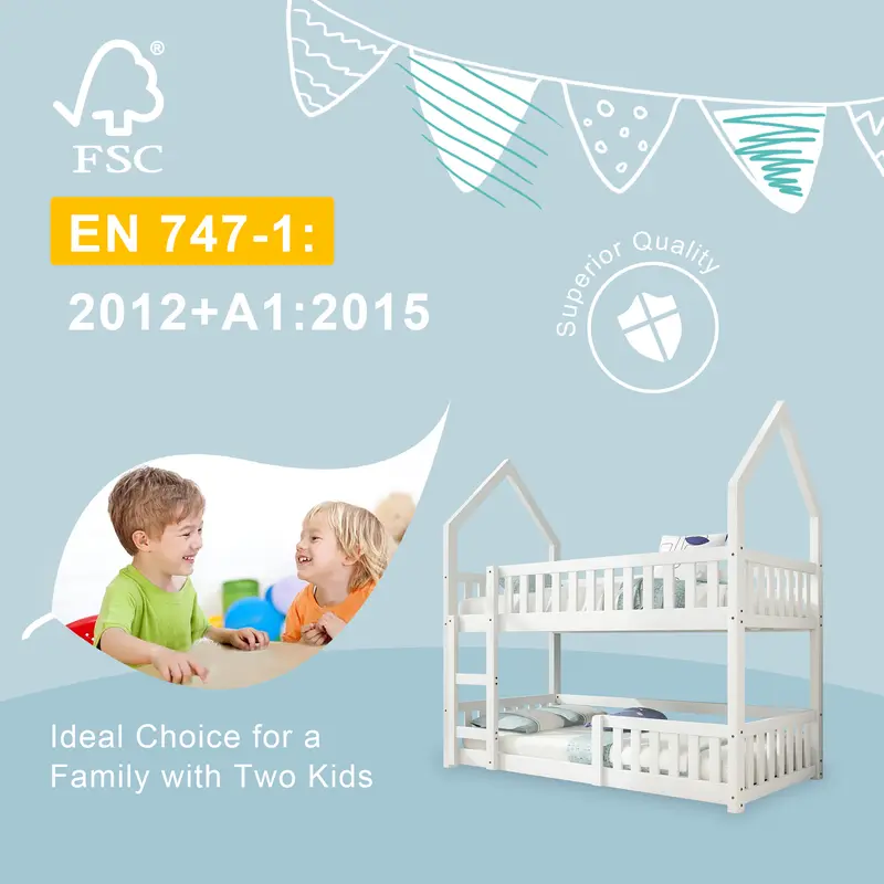Bunk Bed, Twin Sleeper Bed with Ladder, Solid Wood Frame 3FT Single bed, Gaming Bed, Castle-shaped Bed 90 x 190 cm Children's Bed room Furniture, Wooden Bed Frame for Kids Children (White) 4