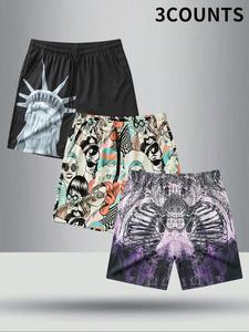 Men's Regular Fit Skull & Statue Of Liberty Print Shorts, Casual Comfy Breathable Shorts for Summer, Men's Bottoms for Beach Vacation