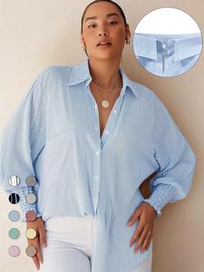 Plus Size Striped Print Button Front Pocket Shirred Blouse, Casual Bishop Sleeve Top for Daily Holiday Wear, Women's Clothes for Spring & Fall