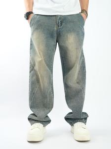 Men's Solid Color Denim-effect Print Straight Leg Jeans, Loose Casual Comfy Wide Leg Jeans for Daily Wear, Fashion Men's Bottoms for All Seasons, Cotton