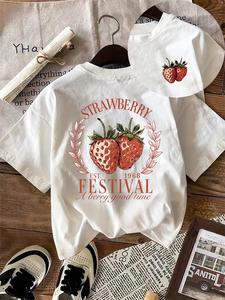 Women's Cartoon Strawberry Print Round Neck Tee, Vintage Trendy Casual Short Sleeve T-shirt for Daily Wear, Ladies Summer Outfit, Top