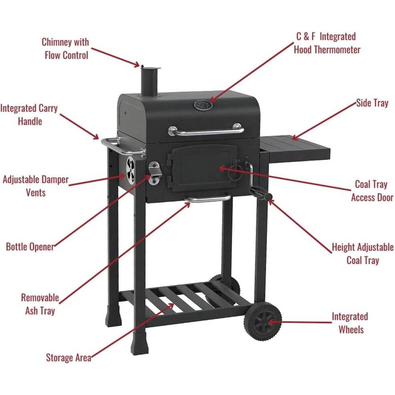 CosmoGrill Outdoor Jr. Smoker Barbecue Charcoal Portable BBQ Grill, Built-in Thermometer, Adjustable Charcoal Pan and Chimney, Wheels, Storage | Compact Coal BBQ Smoker for Home Garden Party Cooking 6