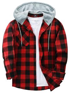 Men's Plaid Print Drawstring Hooded Shirt, Casual Regular Fit Long Sleeve Pocket Top for Daily Wear, Men's Clothes for All Seasons