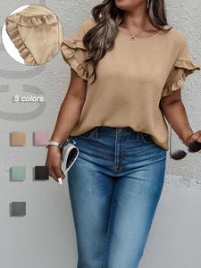 Plus Size Women's Solid Color Ruffle Trim Petal Sleeve Blouse, Plus Casual Short Sleeve Round Neck Top for Summer, Women's Plus Clothing for Daily Wear