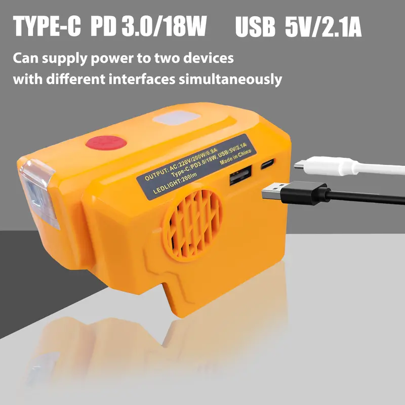(Free UK Delivery: Limited Time Only) Power Inverter Generator Fit for DEWALT 18V/20V Lithium Battery, DC18V to AC 220-230V Portable Power Station for Phone Charger Adapter, 1 USB Ports & 1 Type-C & 1 AC Outlet, 200LM LED Light 2