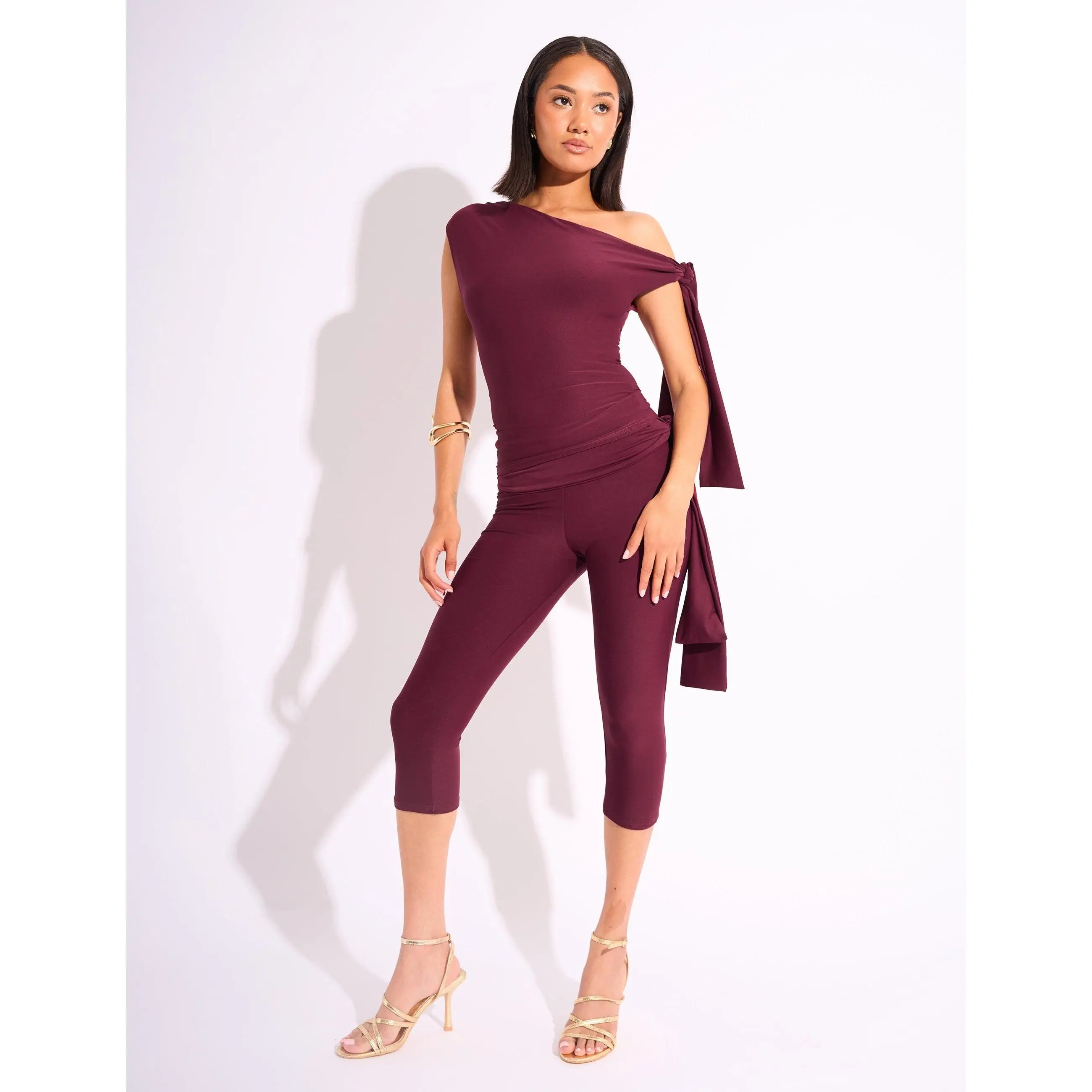 Knot Detail Tie Side Luxe Slinky Capri Pants Burgundy