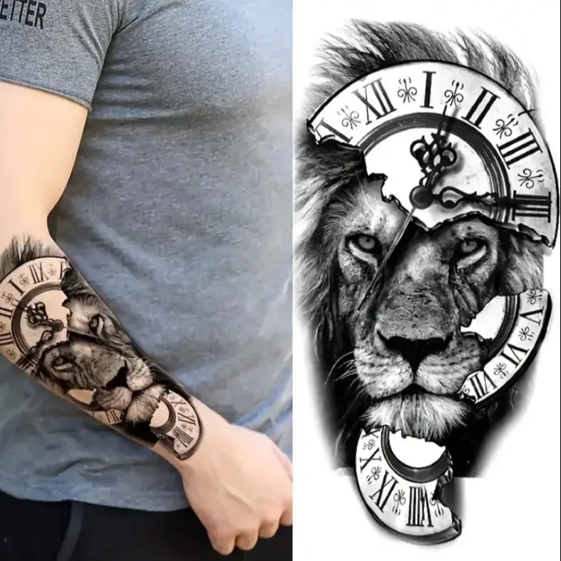 Tattoo Lion and Broken Clock Pattern Tattoo Sticker for Men and Women - Waterproof and Long Lasting Temporary Tattoo 0
