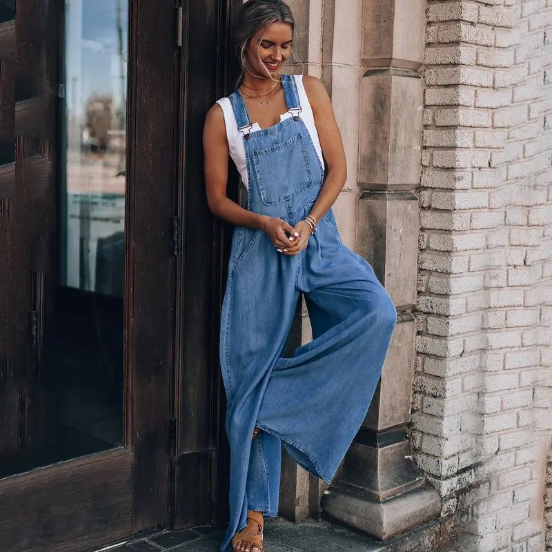 Summer Overalls For Women Blue Denim One-Piece Jumpsuits Loose Wide-Leg  With Pocket High-Waist Jumpsuits Womenswear Comfort Basic Minimalist Sleeveless Skirt Comfortable Fabric