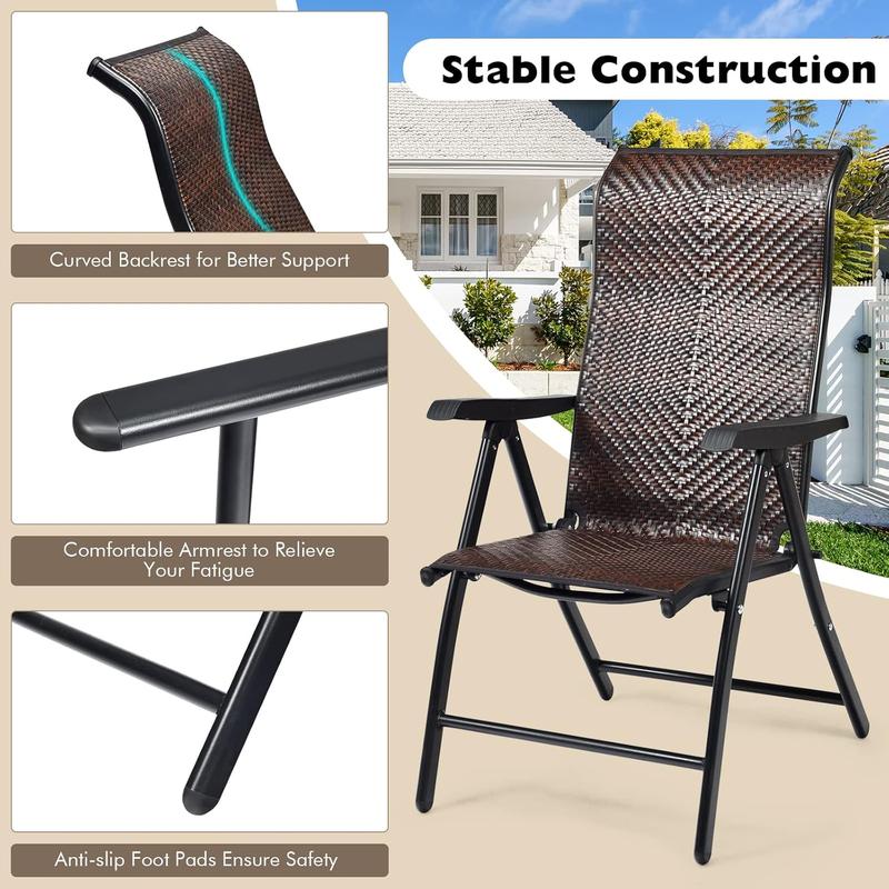 Set of 2 Patio Rattan Folding Chair, 5-Position Adjustable Outdoor Wicker Dining Seat with Widened Armrest,High Backrest and Anti-slip Pads for Garden Picnic Camping (1) 5