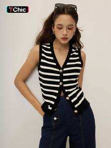 Women's Colorblock Striped Print Button Sweater Vest, Casual Sleeveless Cardigan Vest for Summer, Fashion Women's Knitwear for Daily Wear