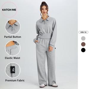 Katch Me Look Women's Casual Collared Long Sleeve Crop Top & Wide Leg Trousers Co-ord(B), Minimalist Ribbed Elastic Waist Two Piece Outfits, Comfortable Womenswear