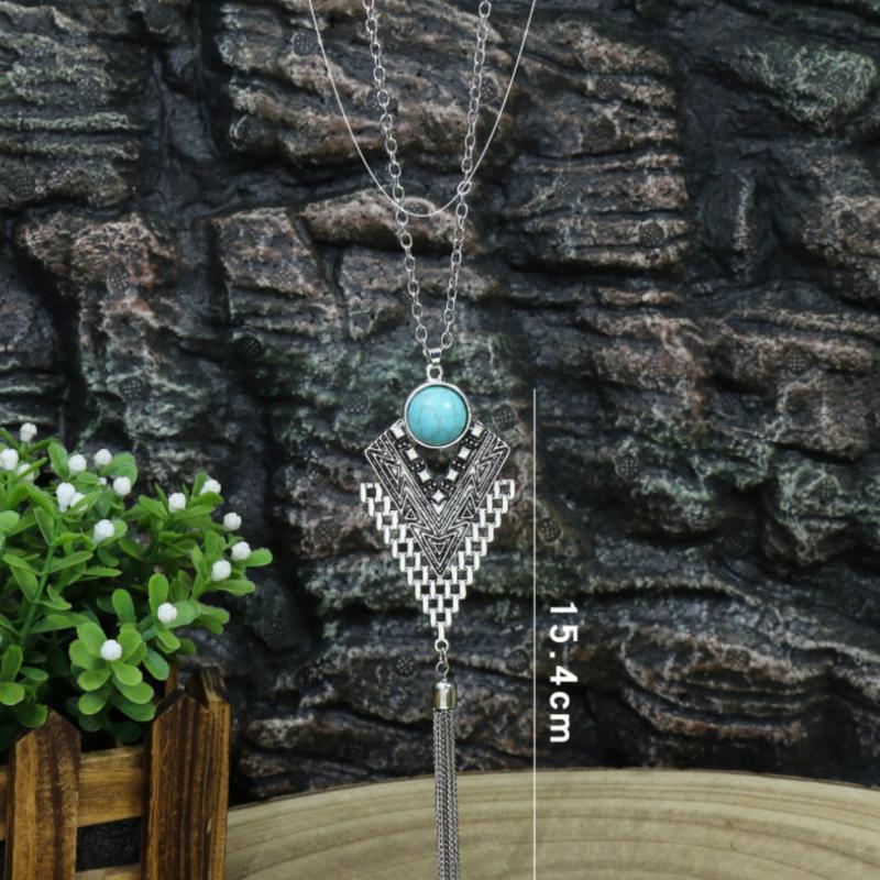 Turquoise Decor Geometric & Metal Tassel Charm Necklace 3