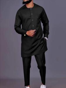 Two-Piece Set Men's Solid Color Half Button Split Hem Long Sleeve Long Blouse & Drawstring Waist Pants, Regular Fit Casual Fashion Cozy Breathable Two Piece Outfits for Daily Outdoor Wear, Menswear for Spring & Fall