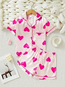 Two-piece Set Girl's Heart Print Shirt & Elastic Waist Shorts Satin Set, Cute Contrast Binding Pocket Top & Shorts for Daily Wear, Kid's Summer Clothes, Loungewear