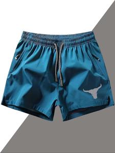 Men's Regular Fit Bull Head Print Zipper Pocket Gym Shorts, Breathable Quick Drying Swim Shorts, Casual Sporty Shorts for Summer Beach Vacation, Workout Gym Shorts