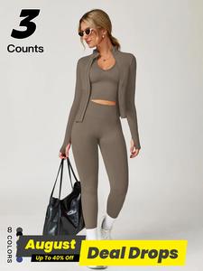 Women's Top & Leggings & Open Front Outerwear Three-piece Outfits for Yoga Gym Workout Running, Ladies Clothes for All Seasons, Sporty Set, Training Clothes