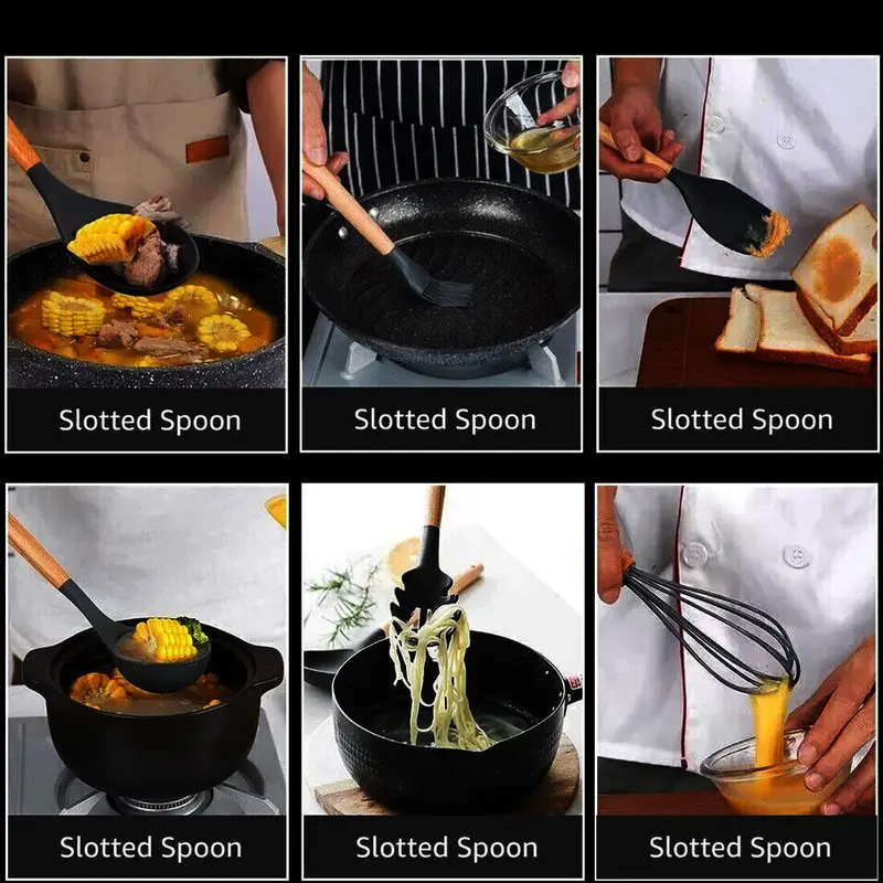 12Pcs Kitchen Utensils Set Silicone Cooking Nonstick Spatula Turner Spoon Tools with Premium Wooden Handles Easy Clean Non-Stick Black Utensils for Family Day Party Picnic 5