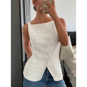 Women's Sleeveless Vest Solid Color Button Front Elegant Fashion Casual Sleeveless Jacket Suitable for Daily Outdoor Wear Summer Women's Clothing Camisole Women's Clothing Elegant Fit Sleeveless Top Elegant Sleeveless Knitted Top Womenswetesco  clothing