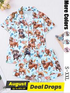 Women's All Over Dog Print Button Front Shirt & Elastic Waist Shorts Pajama Two-piece Set, Casual Comfy Short Sleeve Pocket Lapel Neckline Top & Shorts PJ Set, Ladies Sleepwear for All Seasons, Loungewear, Summer Sleepwear Set, Pajamas, Soft Lounge Sets