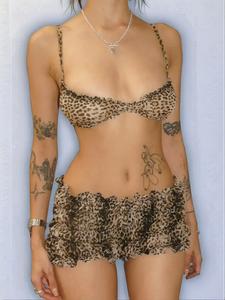 Women's Solid / Leopard Print Frill Trim Ruched Two-piece Set, Y2k Fashion Backless Super Crop Cami Top & Drop Waist Shorts Chiffon Set, Ladies Summer Outfits, Premium Fabric