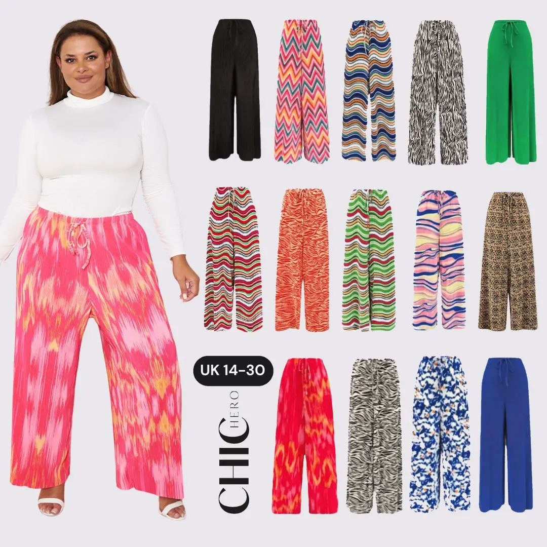 [23 Colours, UK size 14-30*] ChicHero Multi Print Elastic Waist Pleated Trousers with Casual Fit Casual Fit