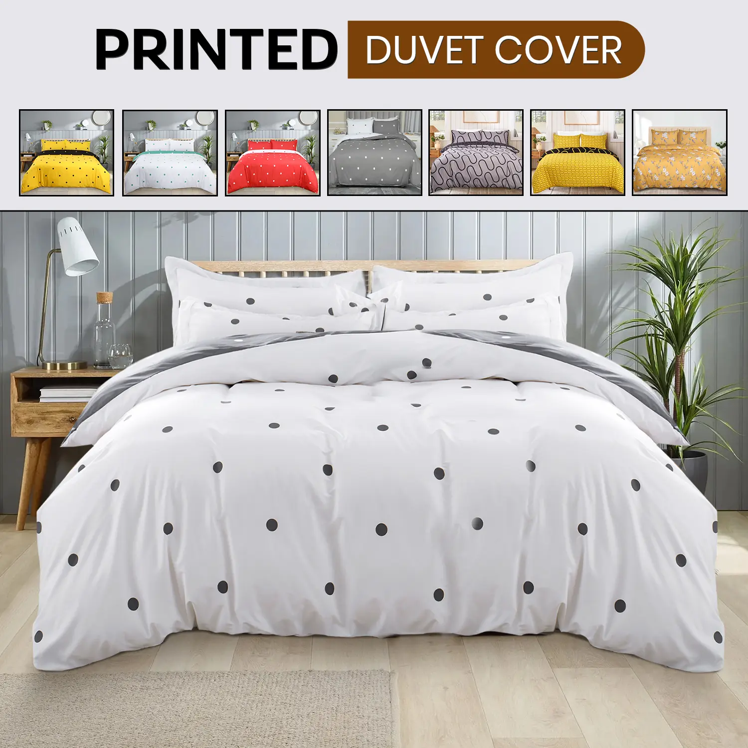 Imperial Rooms Reversible Printed Duvet Cover Polka Dot , Set 3 Pcs  in White & Grey , Black & White Dotted ,Black & Yellow Dotted,  Green & White Dotted, Red & White Dotted  Microfiber Printed Duvet Cover with Pillow Covers , Leaf Design Duvet Cover