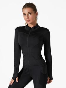 Solid Zip Up Mock Neck Sports Jacket, Breathable Quick Drying Thumb Hole Long Sleeve Full Zip Up Tight Jacket, Sportswear for Indoor Outdoor Wear