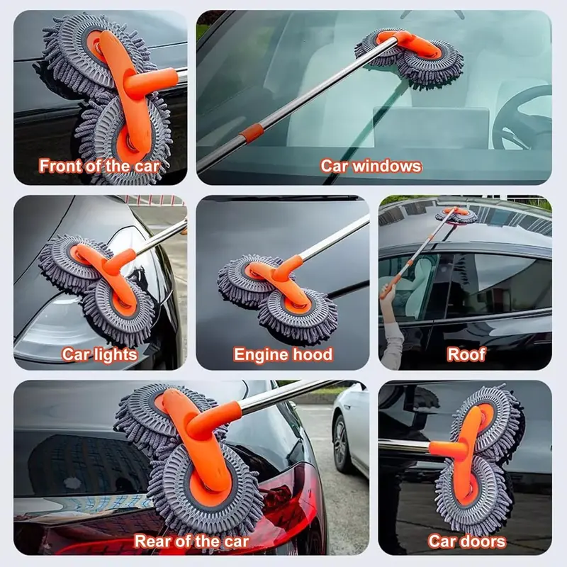 Microfiber Car Wash Mop Kit with 4 Replacement Heads for Exterior Cleaning - Telescopic Brush for Car Van SUV Truck 8