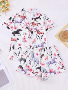 Women's All Over Horse Print Shirt & Elastic Waist Shorts Pyjama Two-piece Set, Casual Comfy Lapel Neck Short Sleeve Collared Top & Shorts PJ Set, Ladies Sleepwear for All Seasons Pajamas
